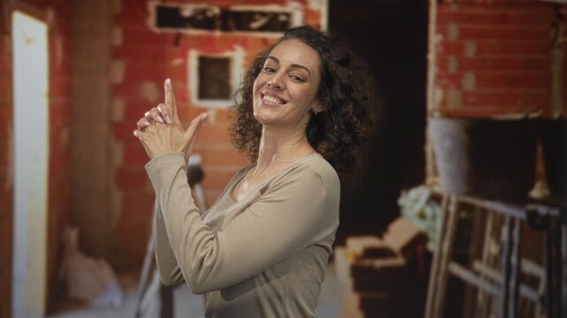 Woman points finger upward like a finger gun inside a building construction site, smiling and facing sideways; playful confidence empowerment.