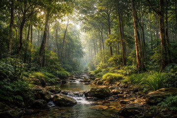 Obraz premium A serene forest scene with a gentle stream flowing through lush greenery.