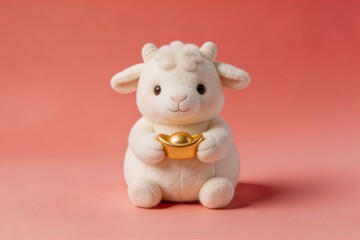 Fototapeta premium Chubby baby goat plush toy with round body and short legs, cotton texture fur, pastel red background, holding a small golden ingot, high-end product photography style