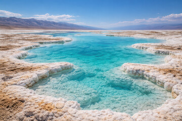 Obraz premium A serene view of the Dead Sea with turquoise water and salt formations.