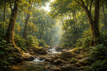Obraz premium Lush green forest with a rocky stream and sunlight filtering through the trees.