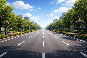 Fototapeta premium Wide avenue lined with trees and flowers under a blue sky.