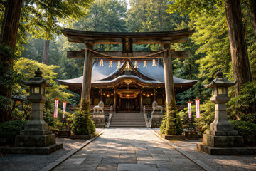 Fototapeta premium A traditional Japanese shrine surrounded by lush greenery.