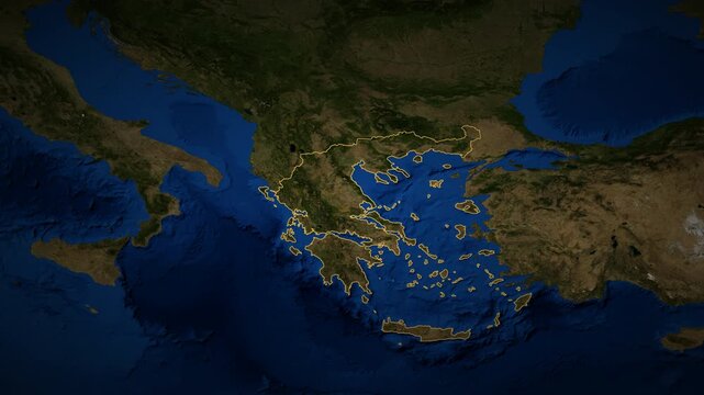Greece high resolution 4k satellite map locator video cinematic zoom animation with 3d drop shadow and illuminated border European travel geography and geopolitical news broadcasting asset