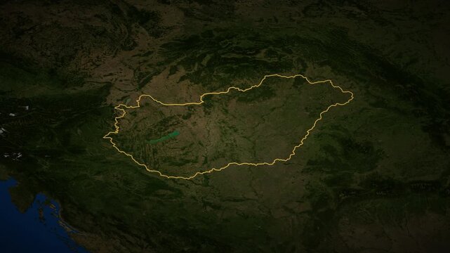 Hungary high resolution 4k satellite map locator video cinematic zoom animation with 3d drop shadow and illuminated border European travel geography and geopolitical news broadcasting asset
