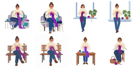 Fototapeta premium Cozy hobby: woman knits purple scarf in different home and outdoor leisure moments.