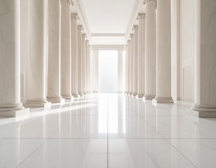 Fototapeta premium Minimalist white marble corridor with classical columns and glossy floor perspective