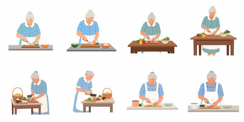 Fototapeta premium Collection of illustrations showing an elderly woman preparing fresh vegetables, chopping ingredients for healthy home cooking.