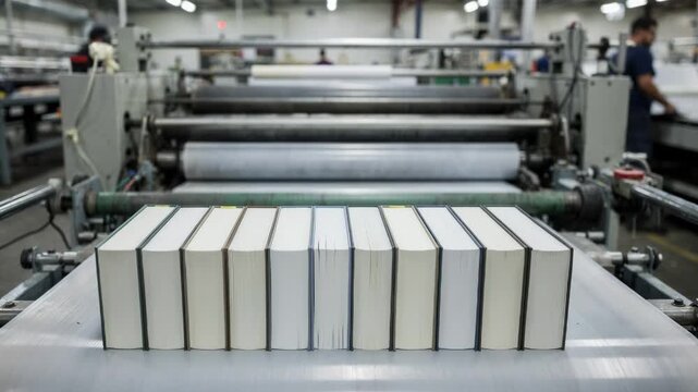 Midrun hardcover book binding section captured with focused conveyor belt carrying books while peripheral presses and operators remain gently blurred.