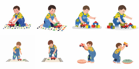 Fototapeta premium Playful young boy enjoys various activities with toy cars and building blocks, illustrating early childhood development and imaginative play.
