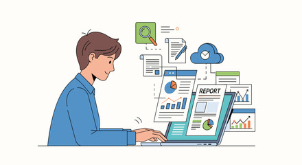 Man Working on Laptop with Data Visualizations.