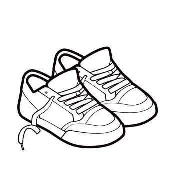 Vector outline of a pair of casual skate sneakers in 3/4 perspective. Black and white footwear line art with untied laces. Perfect for streetwear apparel, skate posters, and coloring books.