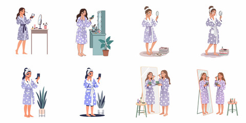 Fototapeta premium Young Woman in Bathrobe Performing Daily Beauty Routine, Applying Makeup, Skincare, and Self-Care Rituals - Set of Illustrations.