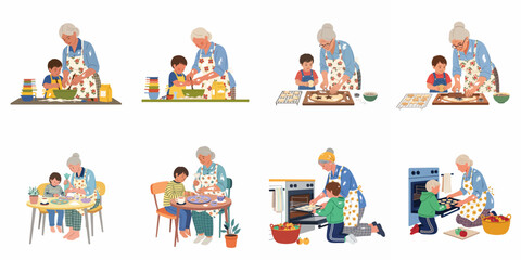 Obraz premium Grandmother and child baking cookies together: a heartwarming illustration of mixing, cutting, decorating, and enjoying homemade treats, celebrating family time and love.