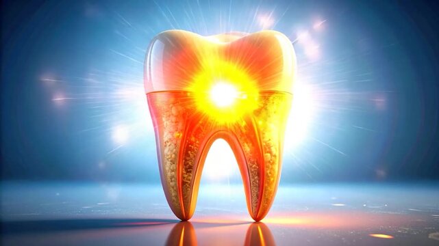 A glowing tooth with radiating light, against a blue background