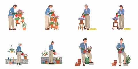 Fototapeta premium A collection of illustrations showing people watering potted plants and colorful flowers, engaged in various home gardening activities and plant care.