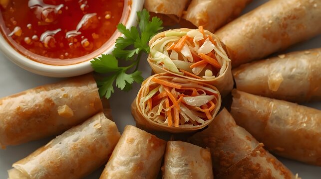 A Perfectly Arranged Platter of Poh Pia Tod Served with Sweet Chili Dipping Sauce.