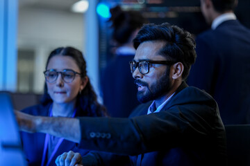 Senior cybersecurity analyst executing digital forensic investigation on network breach. Blue team specialist monitoring advanced persistent threat indicators in security operations center. © ultramansk