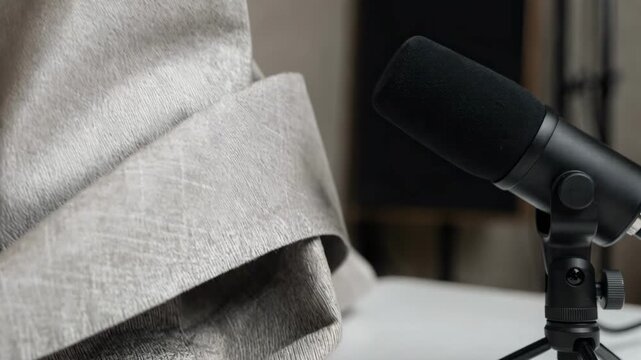 Close medium shot of a fabric swatch being crumpled near a directional microphone textile creases crisp and the background studio space muted and blurred.