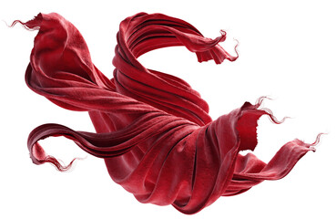 Silk's lustrous red fabric flutters in the breeze against a transparent background. Composition material. Already cut out.