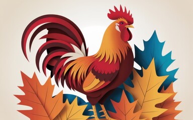 Fototapeta premium Vibrant Rooster Standing Amidst Autumn Leaves, Symbolizing New Beginnings and Harvest