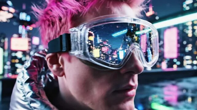 A person wearing futuristic goggles with a digital reflection