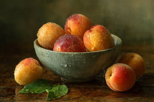 Dewy fresh apricots with vibrant blush sit artfully arranged in a rustic stoneware bowl on a dark wooden surface.