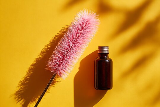Bright pink fluffy duster tool lies next to a small dark amber glass dropper bottle on a vibrant yellow background with crisp shadow patterns.