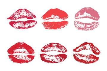 Set of lipstick kiss print Different shapes and colors imprint of lips Red pink female sexy lips makeup Design elements for beauty fashion poster Valentines Day wedding