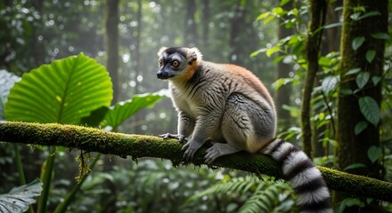 Fototapeta premium Ring-tailed Lemur Perched on Branch in Lush Rainforest.