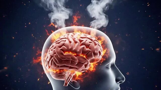 Exploding human brain concept with fire and smoke animation.