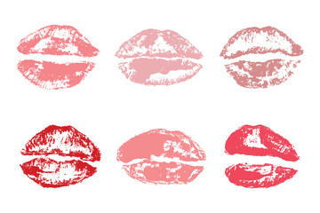 Set of lipstick kiss print Different shapes and colors imprint of lips Red pink female sexy lips makeup Design elements for beauty fashion poster Valentines Day wedding