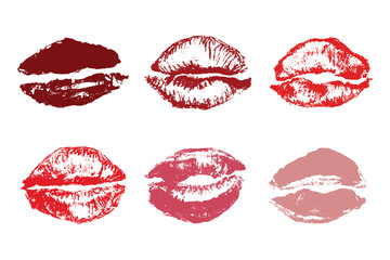 Set of lipstick kiss print Different shapes and colors imprint of lips Red pink female sexy lips makeup Design elements for beauty fashion poster Valentines Day wedding