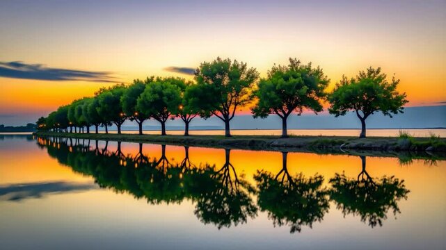 Lined trees reflect in calm water at sunset, creating a serene, mirrored vista