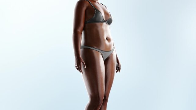 Black woman's waistline become thinner, fat woman lost weight, close-up thick legs have become thinner, obese people have become healthier, fitness and body shaping, 3D render.Alpha channel Horizontal