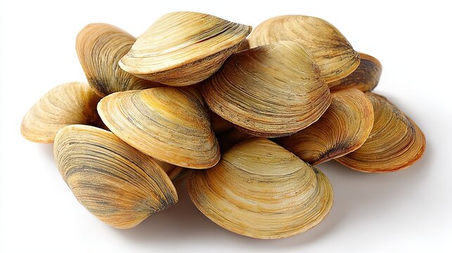 A group of fresh whole raw clams with textured tan and beige shells stacked together