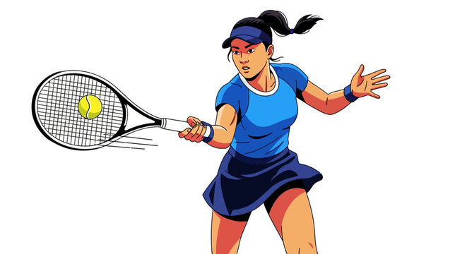 Female tennis player hitting a forehand shot with a racket and ball, sports illustration