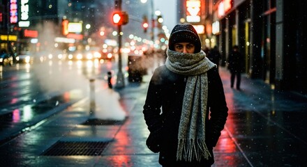Obraz premium Winter Street Portrait Cozy Scarf New York City Snow Night Urban Fashion Lifestyle
