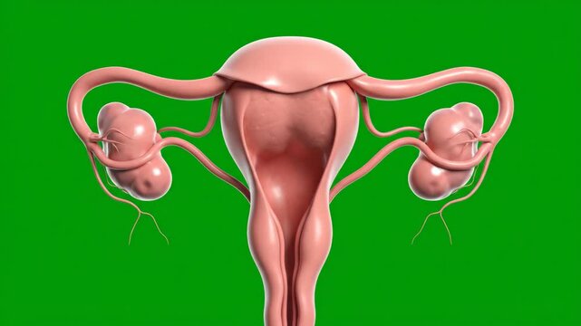 A 3D anatomical model of the human female reproductive system including the uterus fallopian tubes and ovaries presented on a vibrant green screen background
