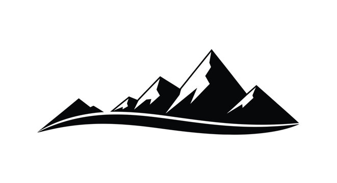 Stylized black and white graphic illustration depicting a silhouette range of sharp mountain peaks