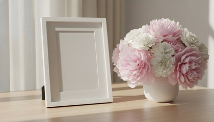 Elegant empty photo frame with soft pink peonies on a light wooden table, capturing a serene Mother's Day concept