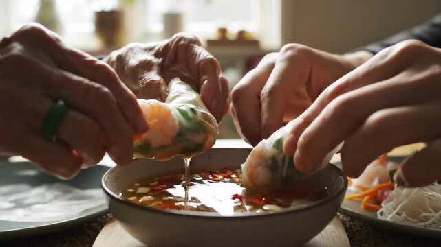 Hands dipping spring rolls into sauce with rice noodles nearby