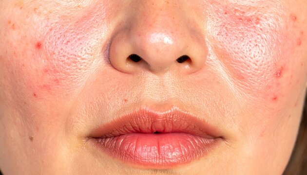 Close-up of a womans face with visible skin redness and acne, highlighting common dermatological concerns and skin conditions.
