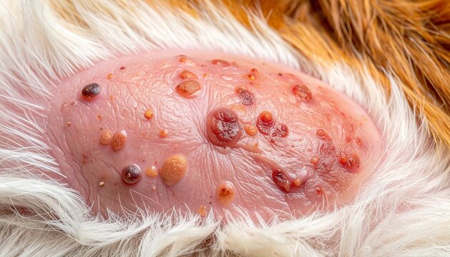 Close-up of a dogs skin with multiple red and inflamed bumps, indicating a severe skin condition or allergic reaction.