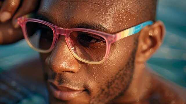 Close up portrait of handsome african american man wearing pink glasses smiling with water droplets on face relaxed in warm sunlight golden hour frame