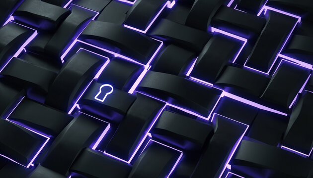 Futuristic 3D render of a textured black surface with interlocking shapes and a glowing purple keyhole symbol in the center.