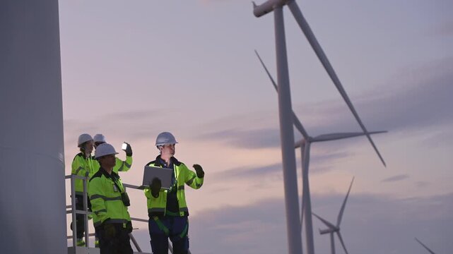 Engineers wearing safety helmets and jackets inspecting a wind turbine at wind farm at sunset. Concept renewable energy, sustainable technology wind power maintenance and environmental engineering.