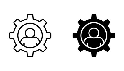 Set of account gear icons, vector symbols representing support staff roles, technical expertise, or user account settings. Illustrations on a white background.