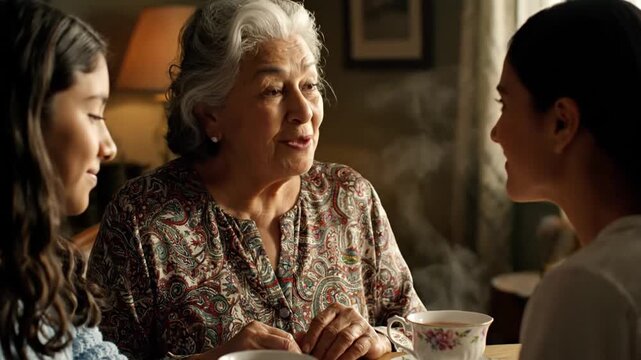 Multi-generational family sharing tea and conversation, bonding and connection