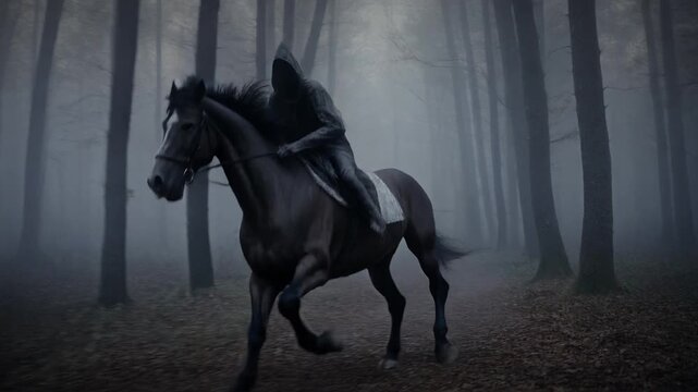 Mysterious hooded figure on horseback rides through a dark, misty forest at dusk, evoking a sense of dread and fantasy